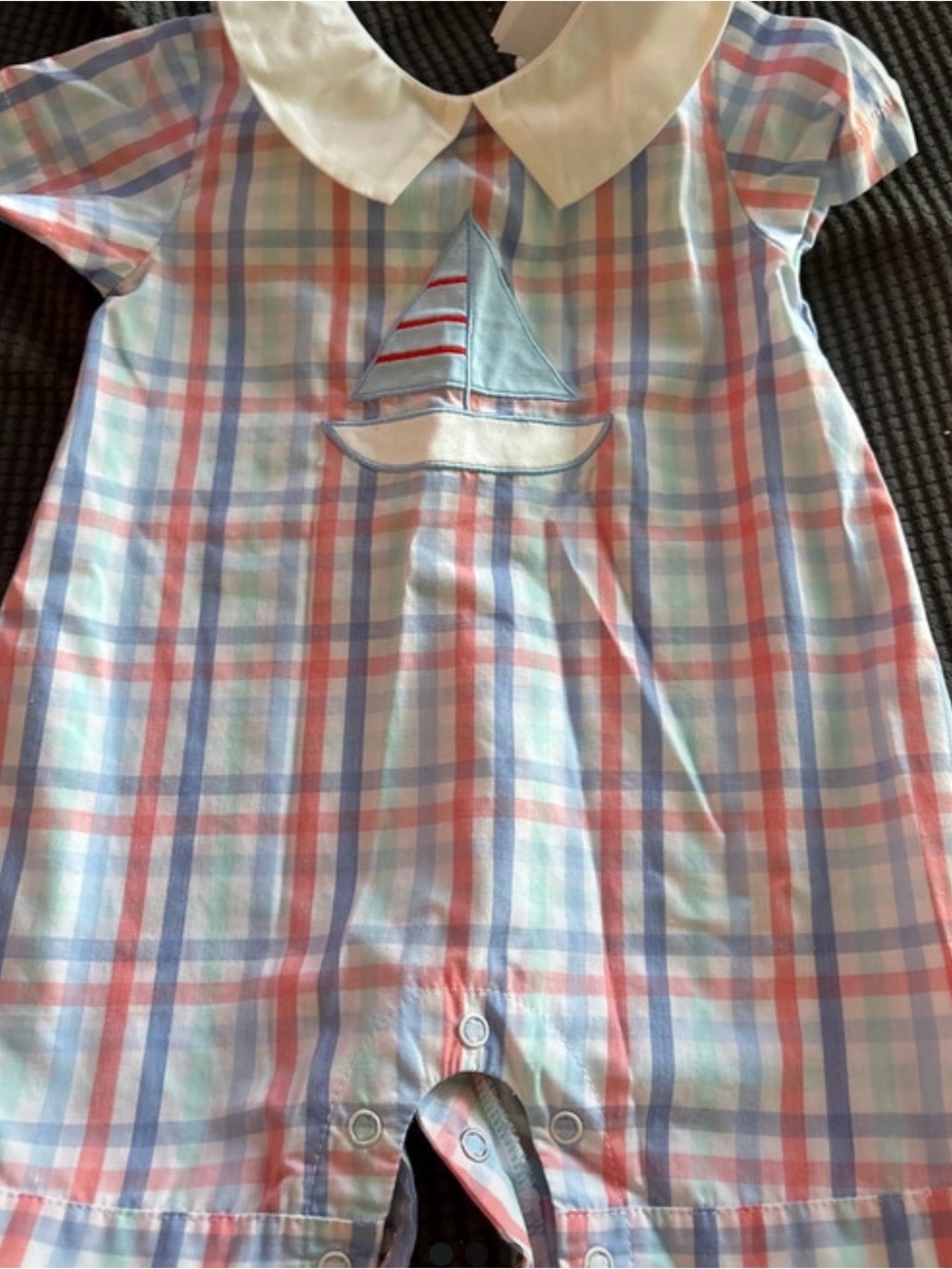 Baby Boy Plaid Button-Down One-Piece in Pastel Blue & Pink with Sailboat